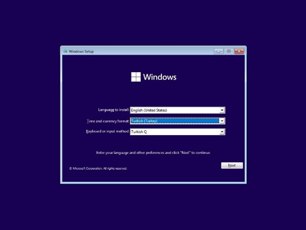 Windows 10 kurulum